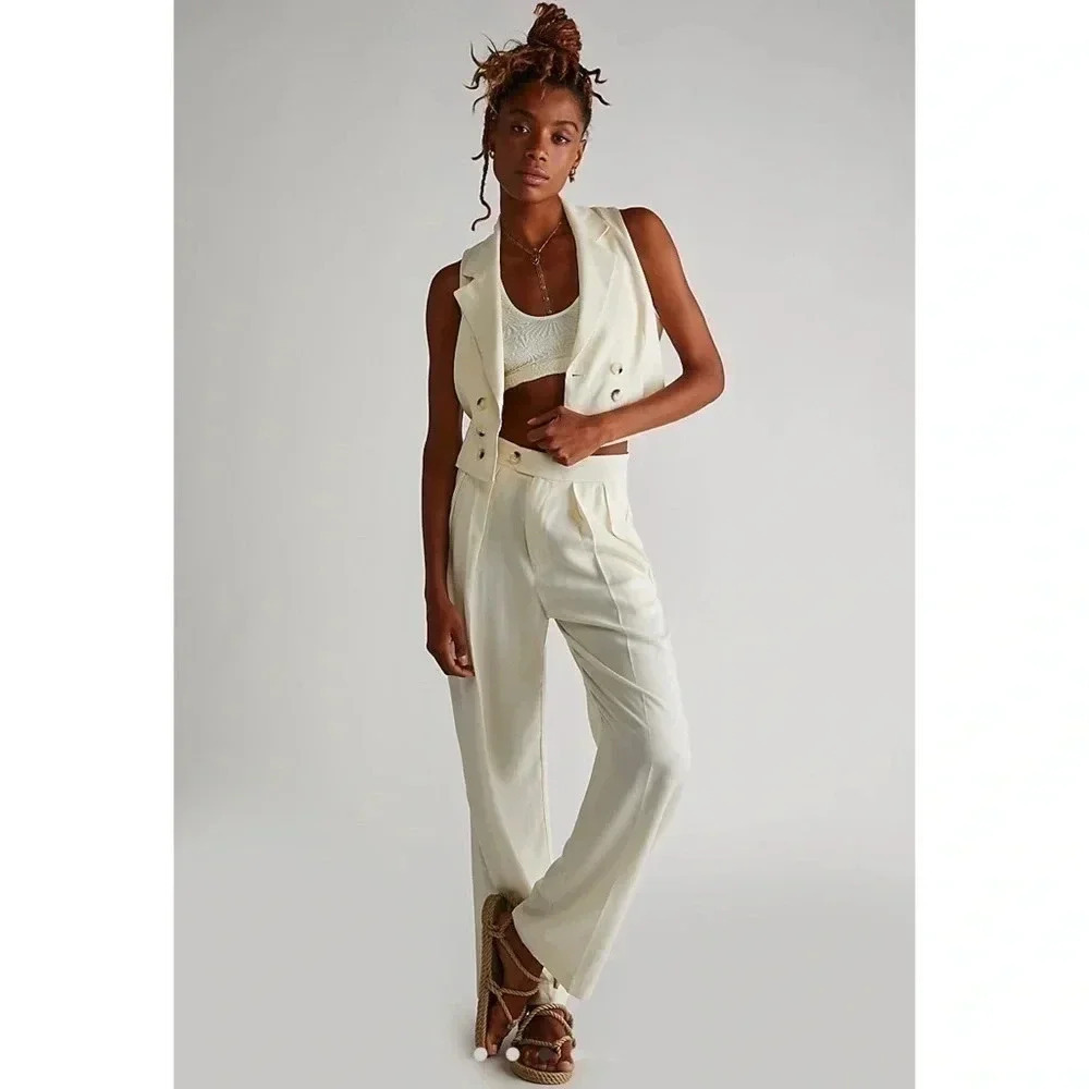 NWT Free People Gabbie Two-Piece Matching Pants Set Cream 2